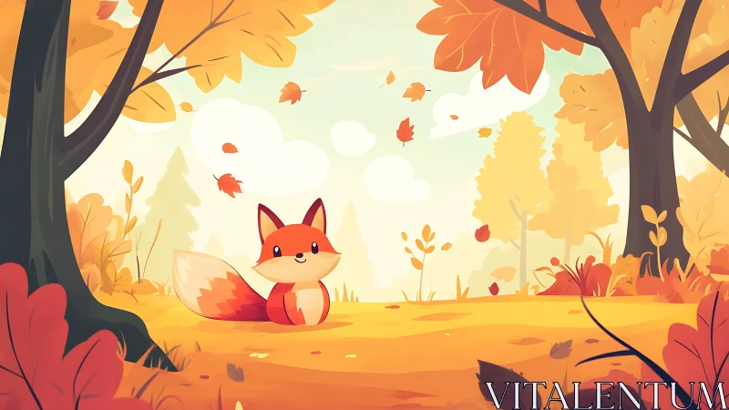 Playful fox resting in warm stylized autumn forest scene.