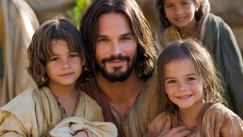 A Man and Children Share a Warm Embrace Outdoors
