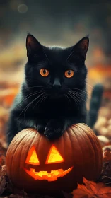 Black Cat's Halloween Glow: Mystical Eyes Meet Jack-o'-Lantern.