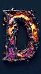 Chromed letter D with molten neon core and debris shell.