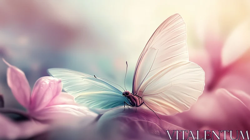 Butterfly rests on petals in soft pastel digital render