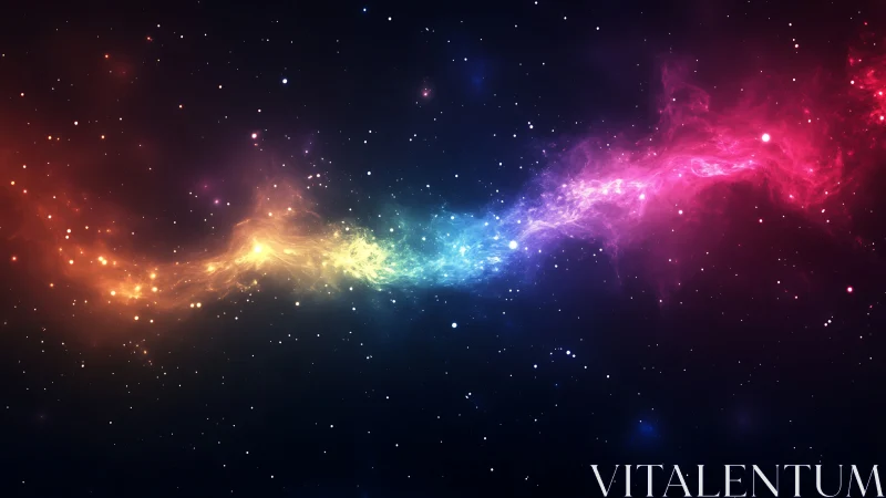 Cosmic rainbow nebula streams across a star-studded void.