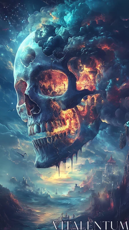Cosmic burning skull above apocalyptic fantasy seascape.