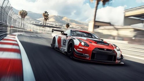Red GT race car slings through sunlit coastal circuit corner.