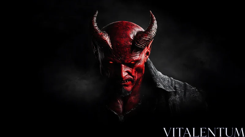 Red horned fiend studies the darkness like a patient storm