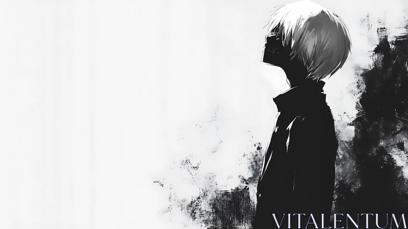 Side profile of solitary white haired anime figure.