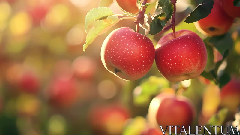 Sunlit orchard apples glow warmly on a late summer branch