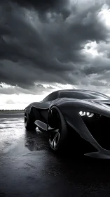 Sculpted black supercar on wet runway under storm clouds.