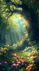 Bioluminescent Forest Canopy with Flowering Vines and Volumetric Light Rays