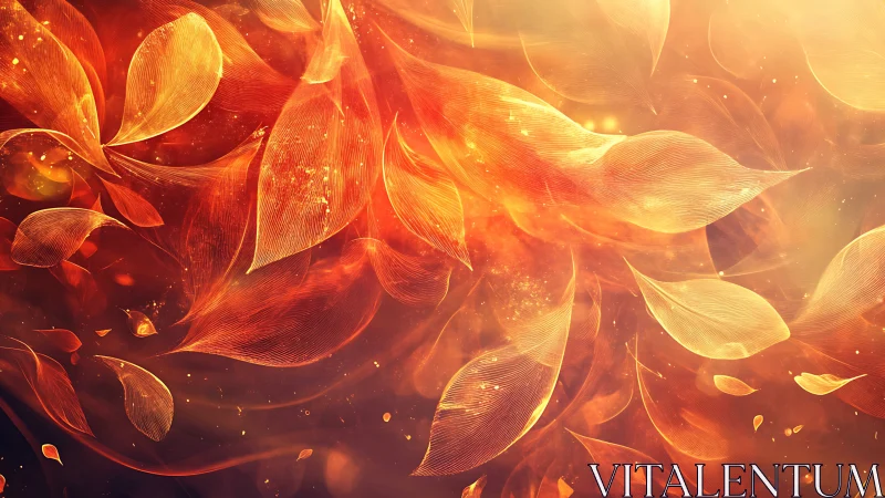 Luminous ember petals drifting through radiant golden haze.