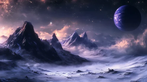 Frozen alien mountains under glowing nebula sky and planet.