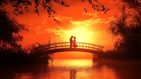 Silhouetted couple kissing on arched bridge at golden sunset.