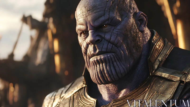 Cinematic close up of armored purple titan under warm backlight