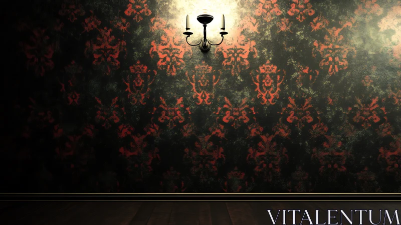 Ornate wall sconce over red damask wallpaper in moody light.