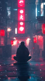 Solitary silhouette in neon alley under cinematic rainfall.