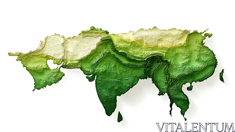 Textured green topographic relief map of Eurasian continent.