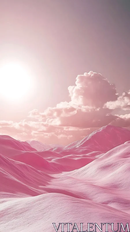 Pink sunlit dunes form surreal mountains under glowing sky