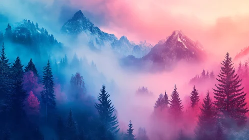 Dream-kissed mountain forest wrapped in cotton-candy mist.