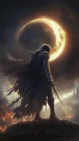 Lone dark warrior stands beneath a blazing crescent moon.