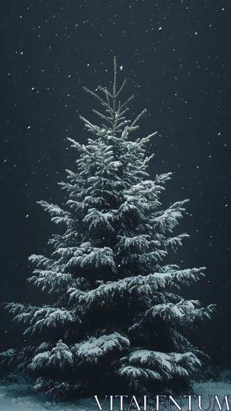 Snow covered evergreen tree standing in dark winter night.