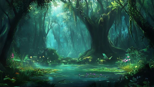 Enchanted Forest Clearing with Luminous Aquatic Path Through Ancient Woodland