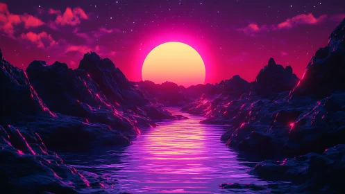 Synthetic coastal valley under stylized magenta sun disc