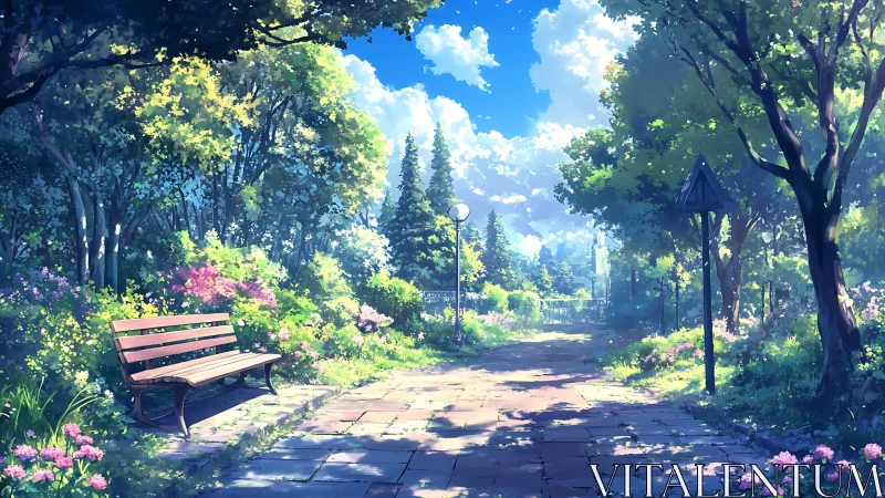 Sunlit park pathway and bench under lush blooming trees.