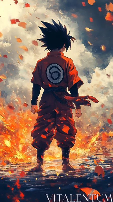 Backlit anime warrior stands amid dynamic fire and falling leaves