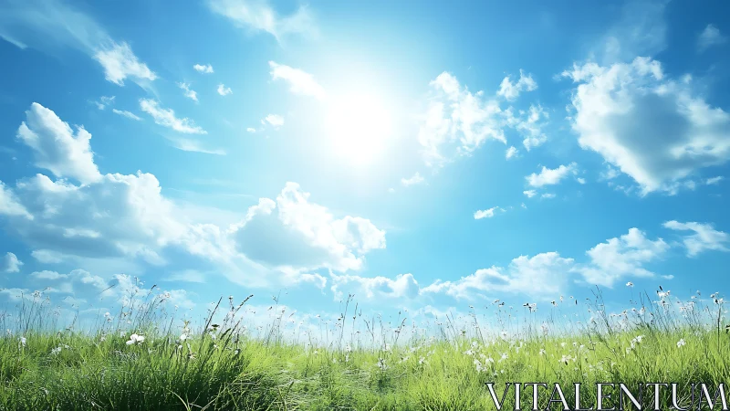 Sunlit wildflower meadow stretches under a bright open sky