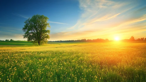 Solitary tree overlooks golden meadow at radiant sunrise.