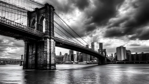 Brooklyn Bridge and lower Manhattan skyline in monochrome.