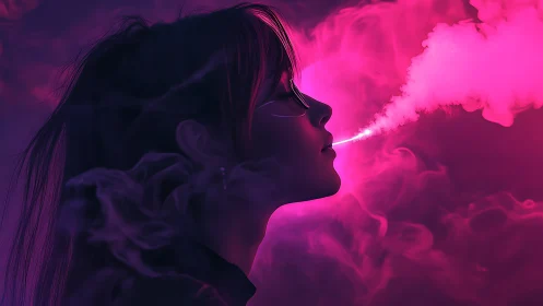 Side-profile neon portrait isolates vapor plume in magenta haze