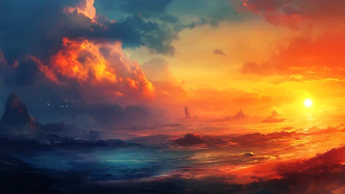 Fictional ocean horizon under vivid sunset and clouds.