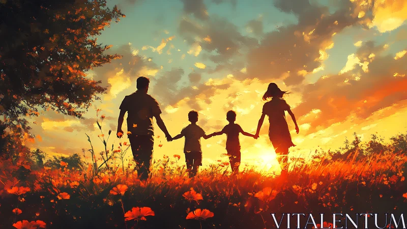 Backlit family silhouettes traversing luminant sunset meadow.