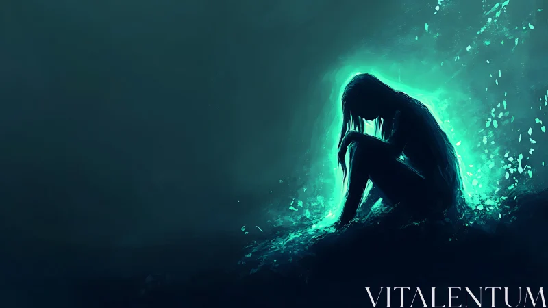 Luminous solitude: a teal aura cradles a silent figure.