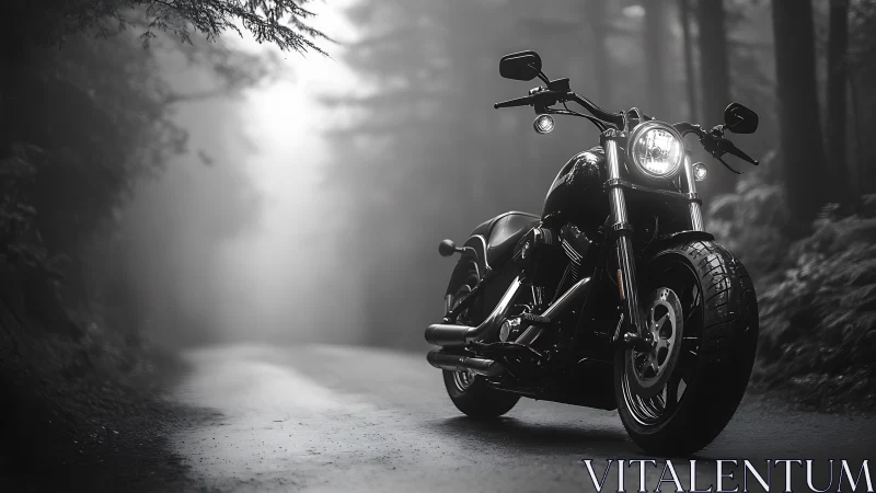 Powerful black motorcycle waits on misty forest road.