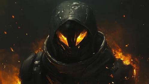 Armored fireborn warrior emerges from a burning void