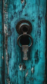 Weathered turquoise door with a timeworn hanging key.