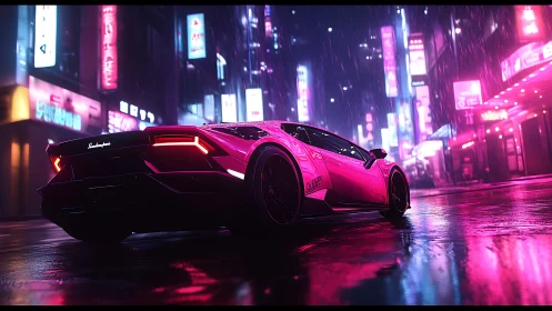 Pink sports car on wet neon city street at night scene.