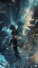 Lone winged warrior stands in swirling celestial starlight