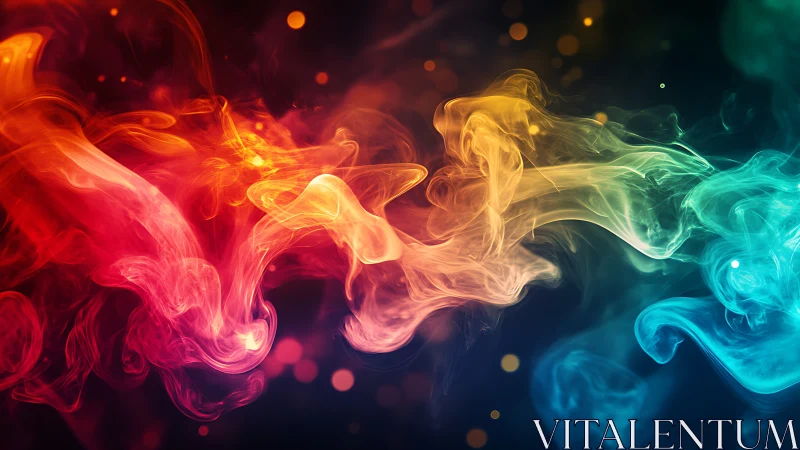 Multicolored abstract smoke formations on dark gradient background.