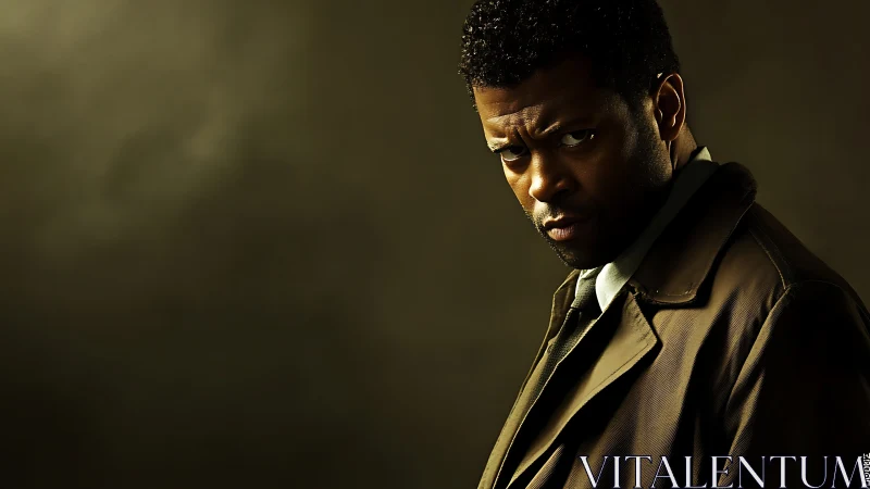 Serious man in trench coat under moody dramatic lighting.
