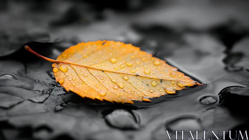 Single wet yellow leaf rests on dark wet surface in focus