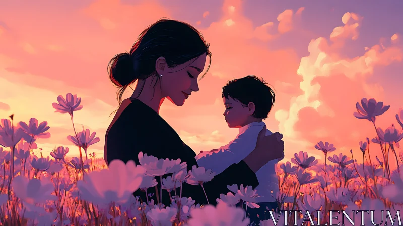 Mother and child in blooming field at sunset
