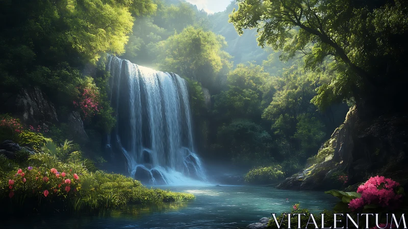 Lush forest waterfall flowing into calm turquoise pool.