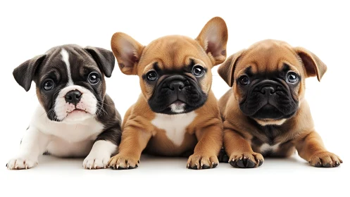 Puppy council of three Frenchies plotting gentle mischief.