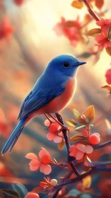 Vivid blue songbird perched on flowering branch at sunrise