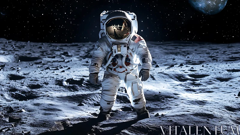Lunar astronaut in EVA suit under stark directional lighting.