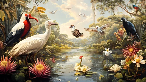 Colorful waterbirds gather around lush reflective wetland pond