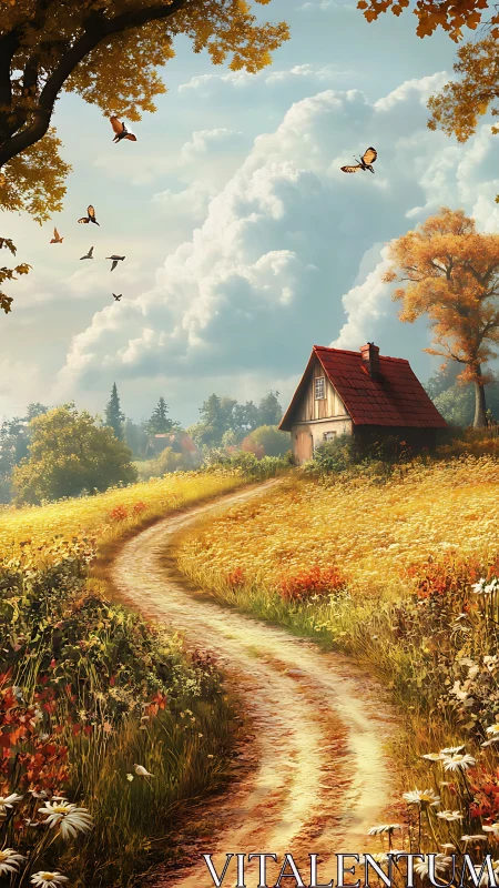 Curved dirt path leads to red-roof cottage under cumulus sky